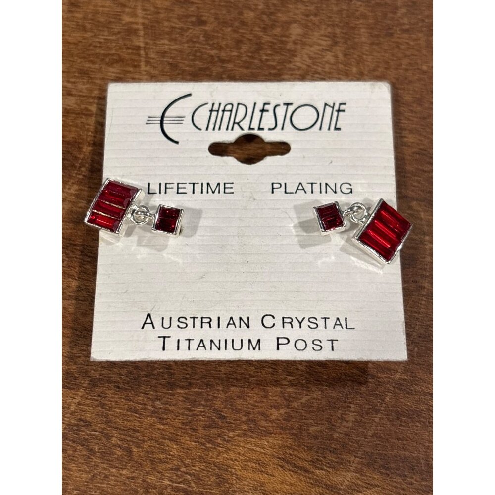 Charlestone Austrian Crystal Red Drop Earrings With Titanium Post - Picture 2 of 8